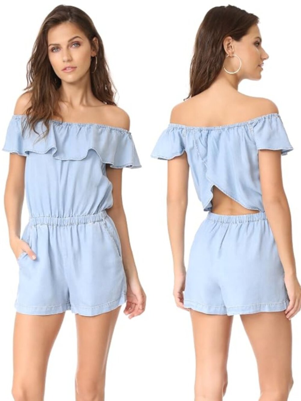 Splendid Light Wash Tencel Off Shoulder Open Back Romper